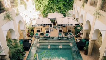 Indoor pool, outdoor pool, sun loungers