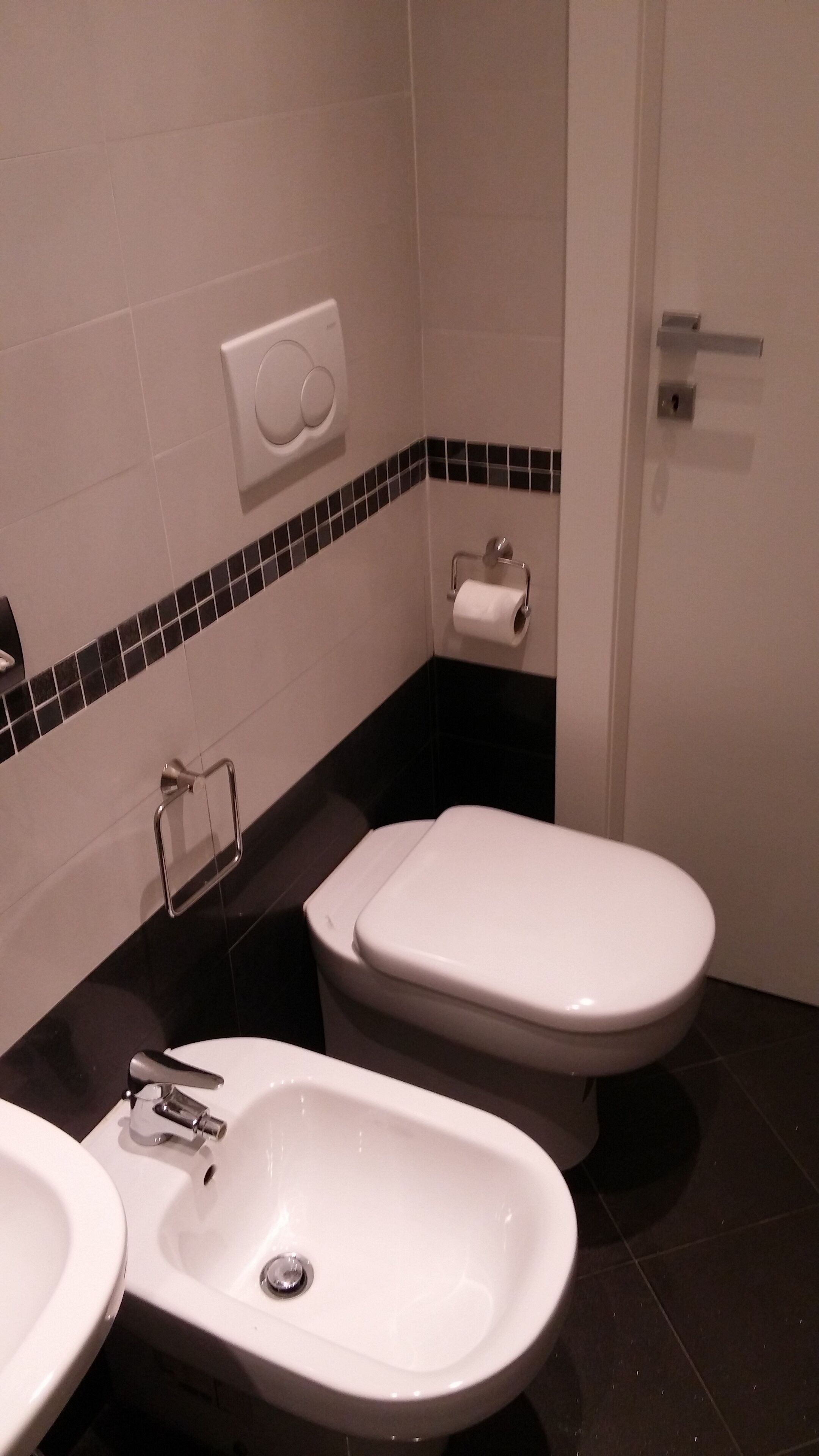 A bathroom with two toilets, a sink, and a towel rack.