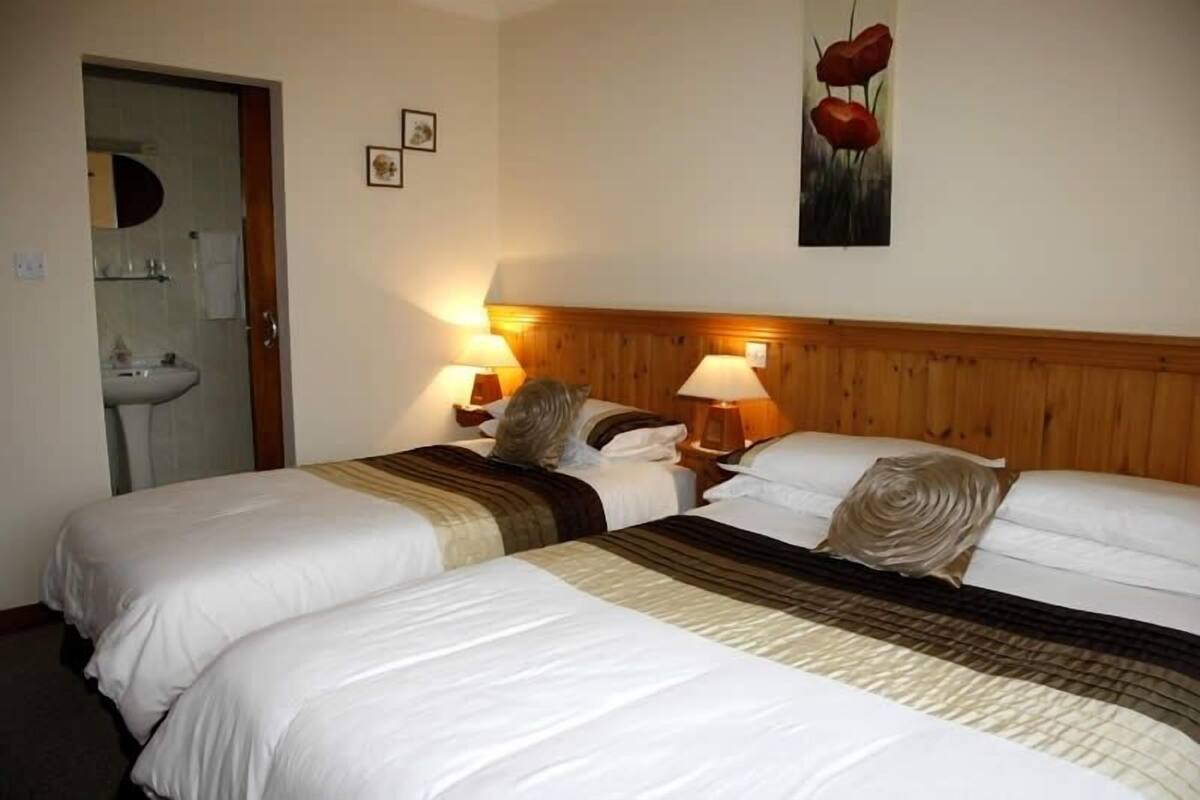 Quarto de hotel com duas camas, cabeceira de madeira, luminárias de cabeceira, pia e um quadro de flores na parede.