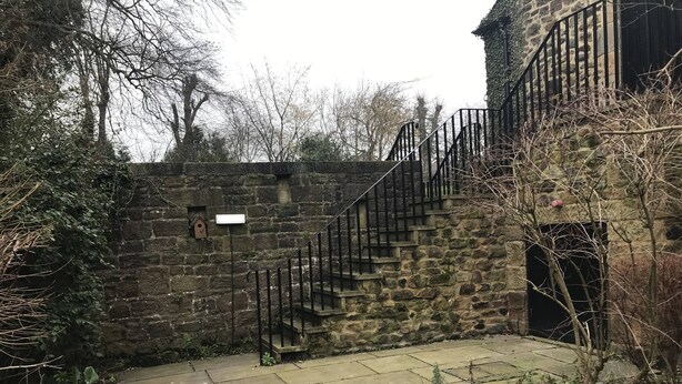 A stone staircase leading to a building with a black metal railing. - Duke of Wellington (Matlock)