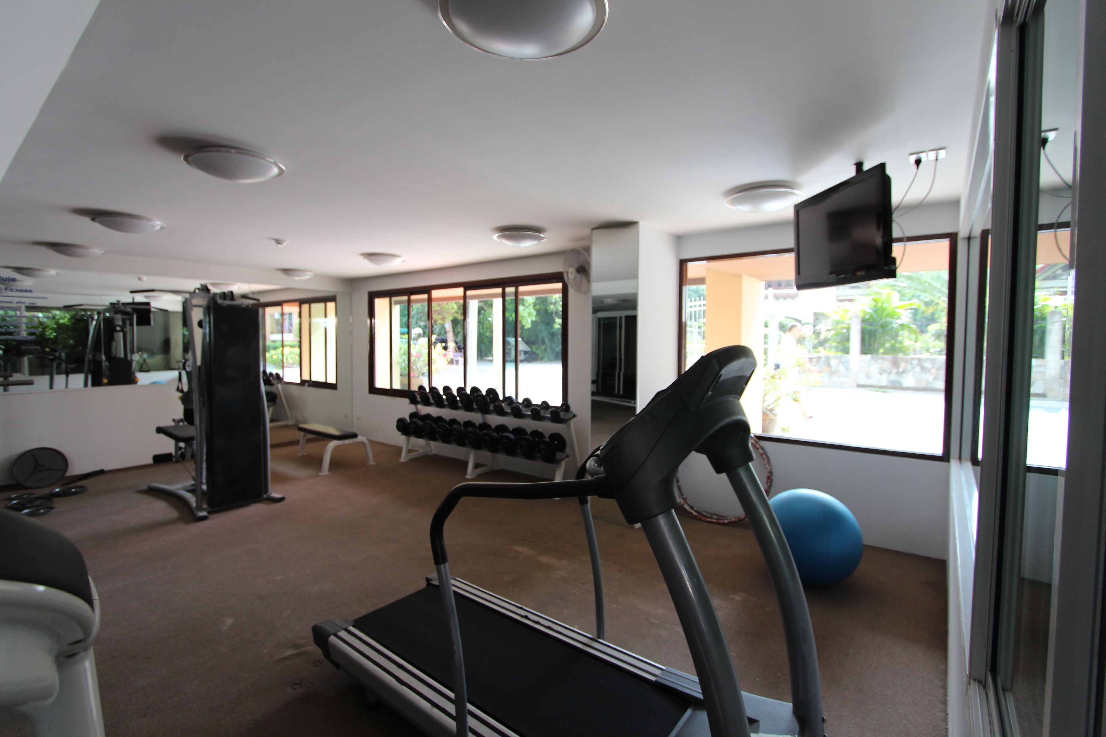 A gym with a treadmill, dumbbells, and exercise balls.