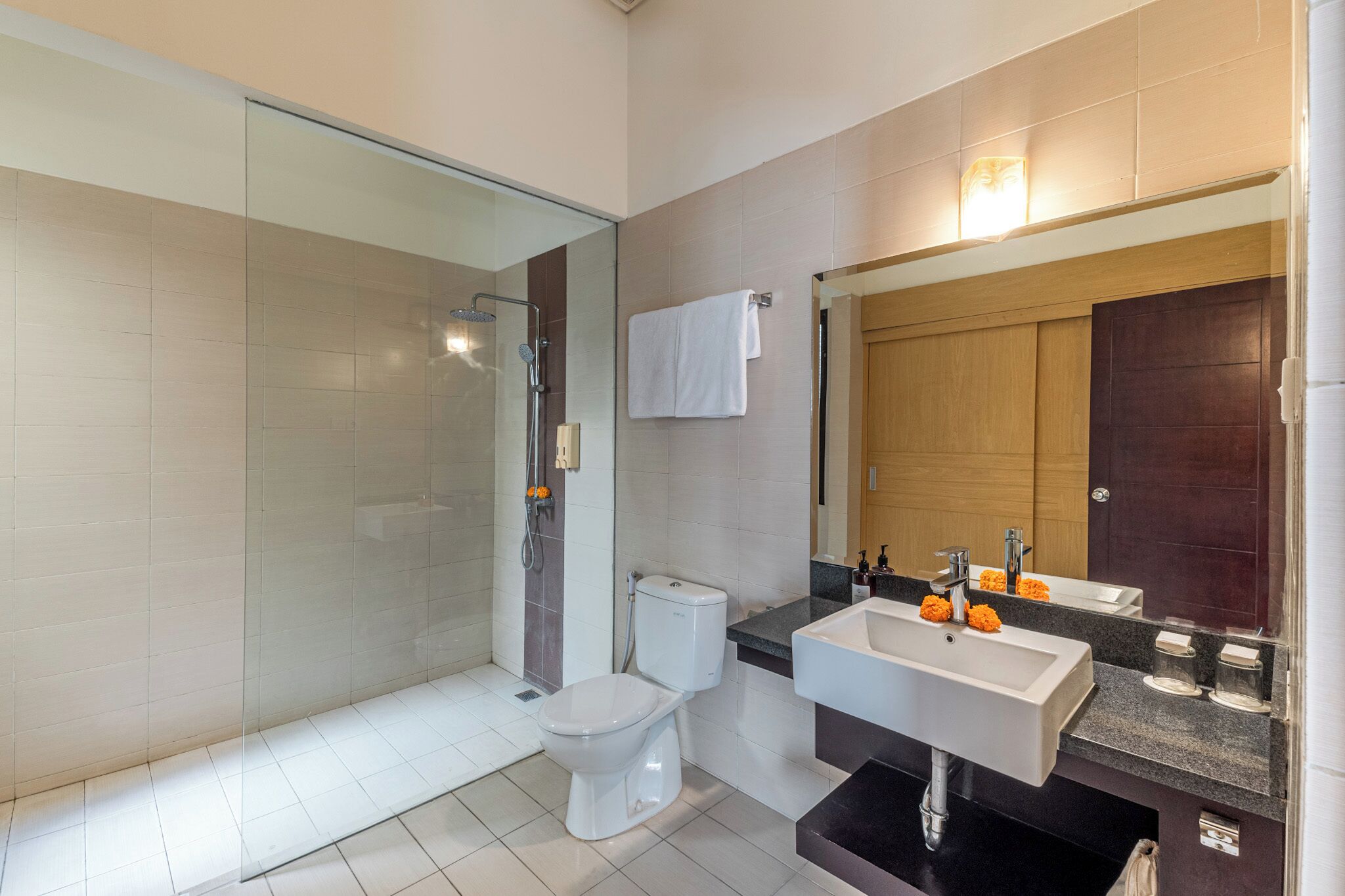 A modern bathroom with a glass-enclosed shower, a white toilet, a sink with a mirror, and a wooden door.