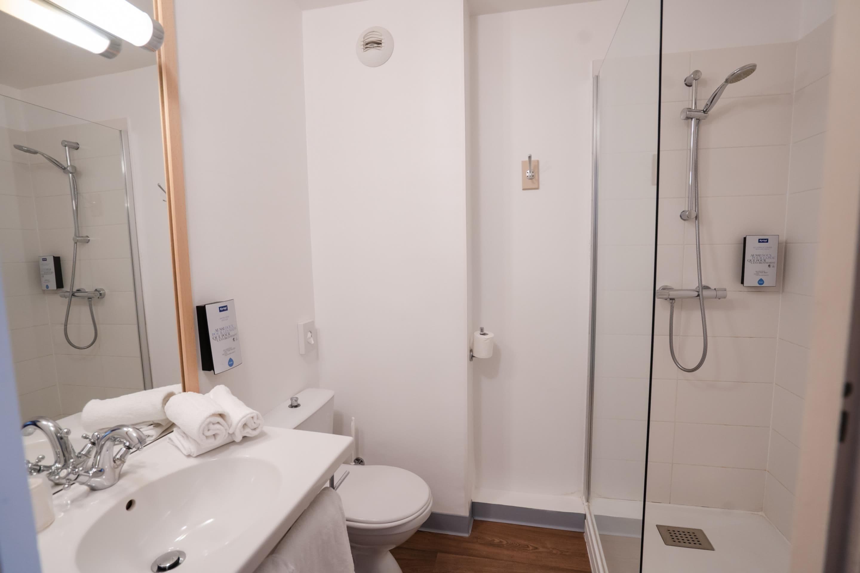 Un baño moderno con ducha envuelta en vidrio, un lavamanos blanco con espejo y un inodoro.