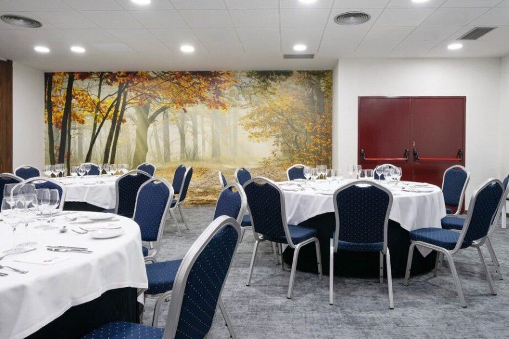 Un salón de conferencias con mesas redondas, sillas azules y un mural con motivos forestales en la pared.