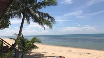 A beach with a palm tree, a wooden deck, and a beach chair.