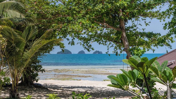 A beach with clear blue water, a sandy shore, and lush greenery. - Am Samui Resort (Koh Samui)