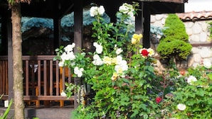 Une pergola en bois avec un banc, entourée d’une végétation luxuriante et de plantes en fleurs.