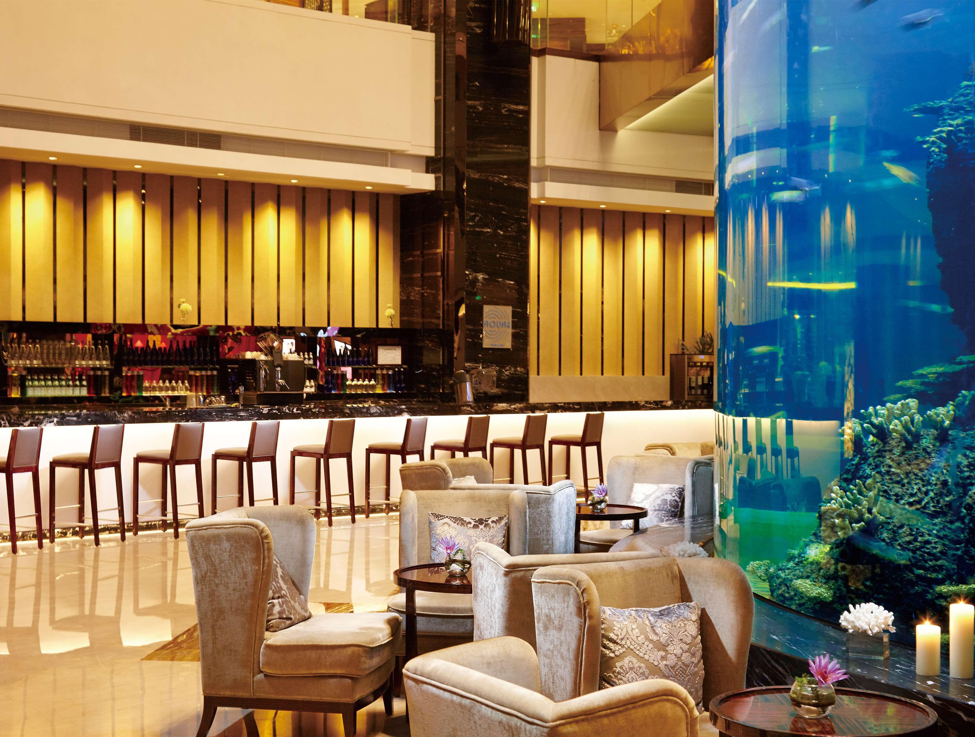 Un hall con zona de bar, asientos y un acuario.