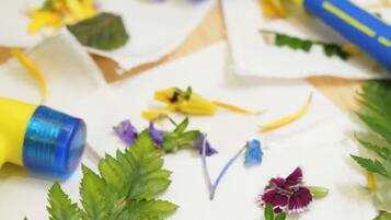 A white surface with blue and yellow objects, green leaves, and purple flowers.