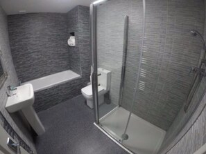 Combined shower/bathtub, free toiletries, hair dryer, towels