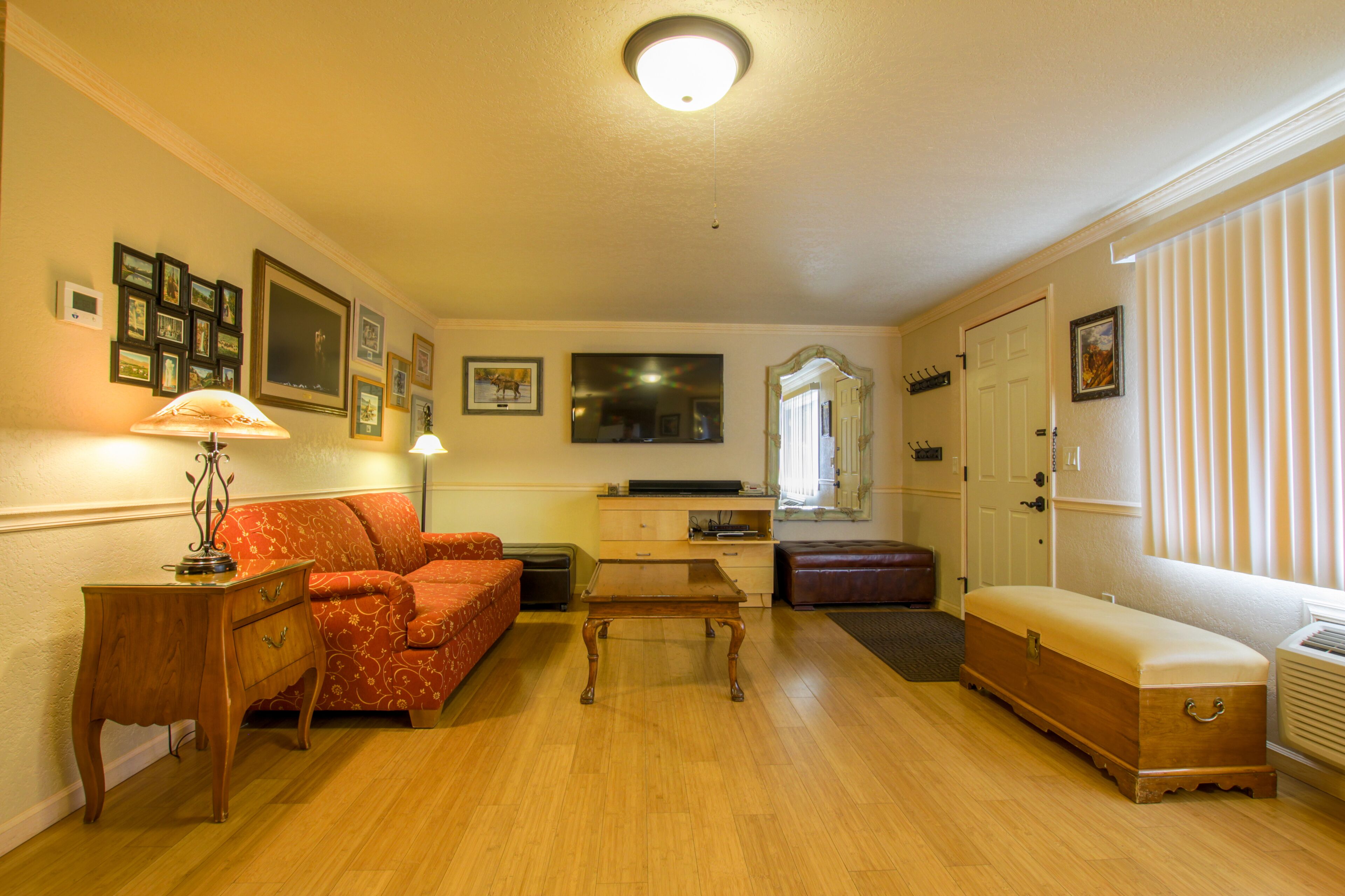 superior apartment | living room | 65-inch smart tv with satellite channels, tv, dvd player