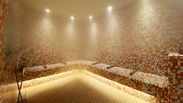 A tiled room with a central seating area and a shower.