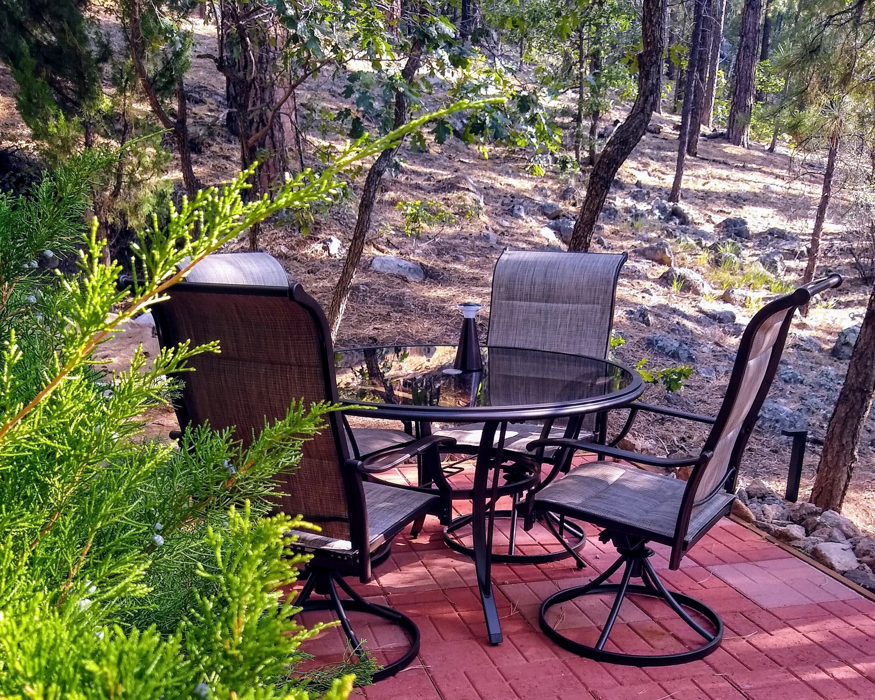 A patio with a round glass table and four chairs, surrounded by greenery and trees.