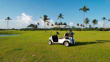 Enjoy a round of golf on our lush green course, where a golf cart awaits with a convenient canopy for shade.