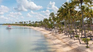 A beach with palm trees, a pier, and a clear sky.