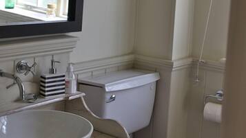 A bathroom with a white sink, a toilet, and a mirror above the sink.