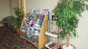 A bulletin board with travel brochures, a potted plant, and a small table with newspapers. - Tropicana Suite Hotel (Vancouver)