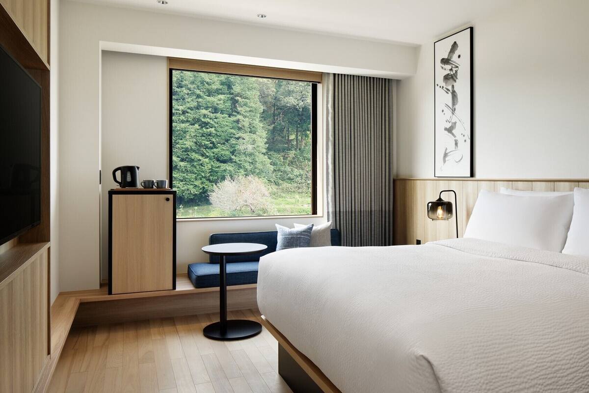 Habitación de hotel con una cama grande, una mesita, un televisor, una ventana con vista a árboles y un cuadro en la pared.