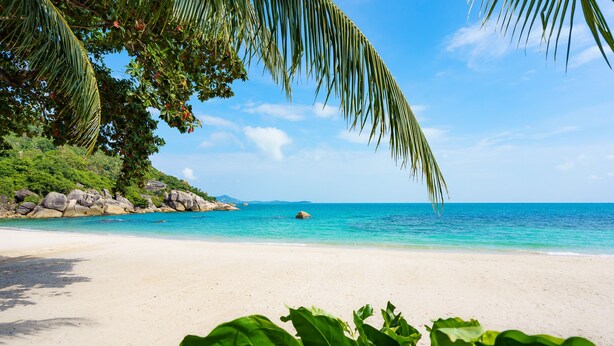 A beach with clear turquoise water, a sandy shore, and lush green foliage. - Promtsuk Buri Resort (Koh Samui)