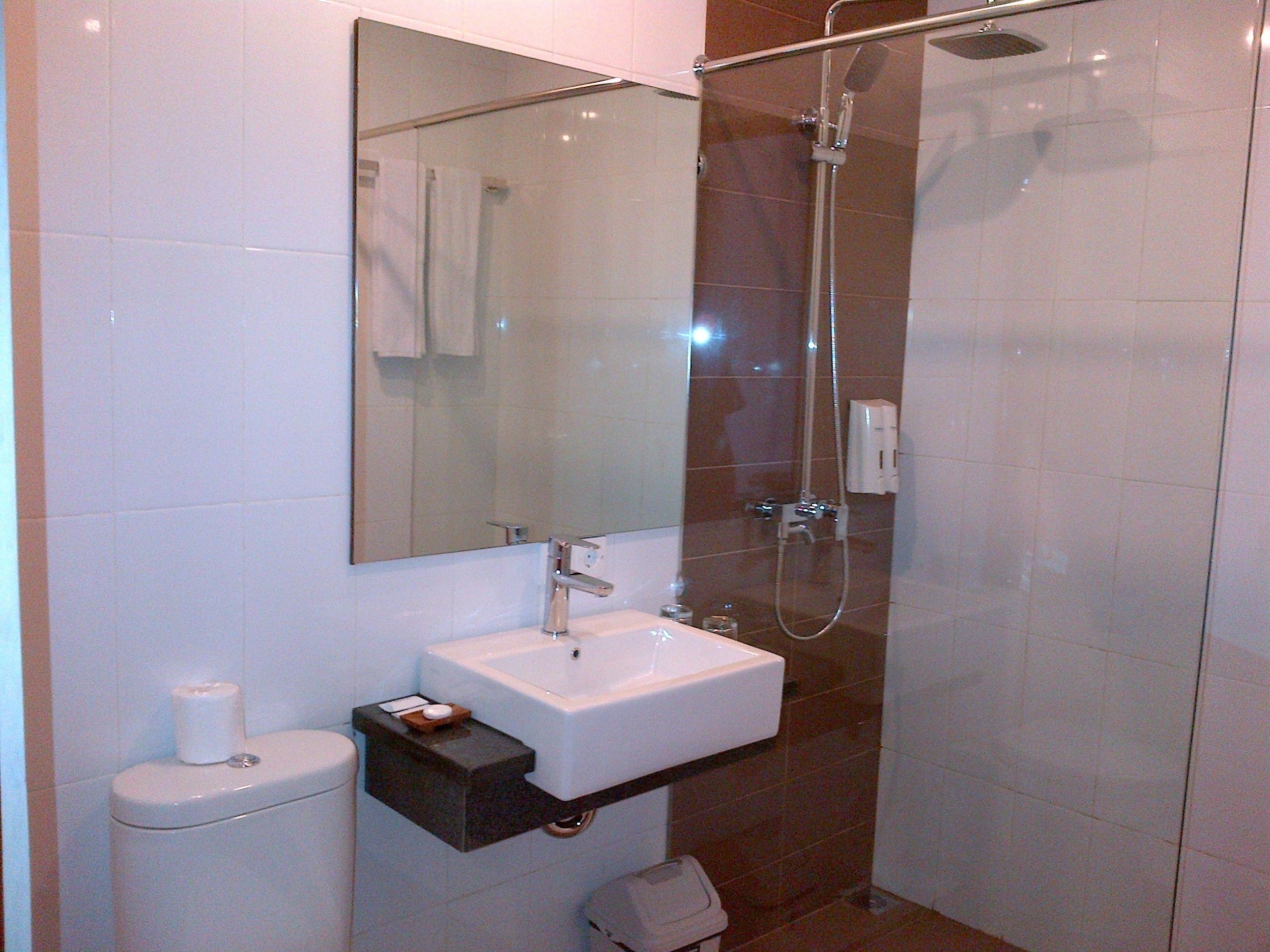 A modern bathroom with a glass-enclosed shower, a white sink, and a toilet.