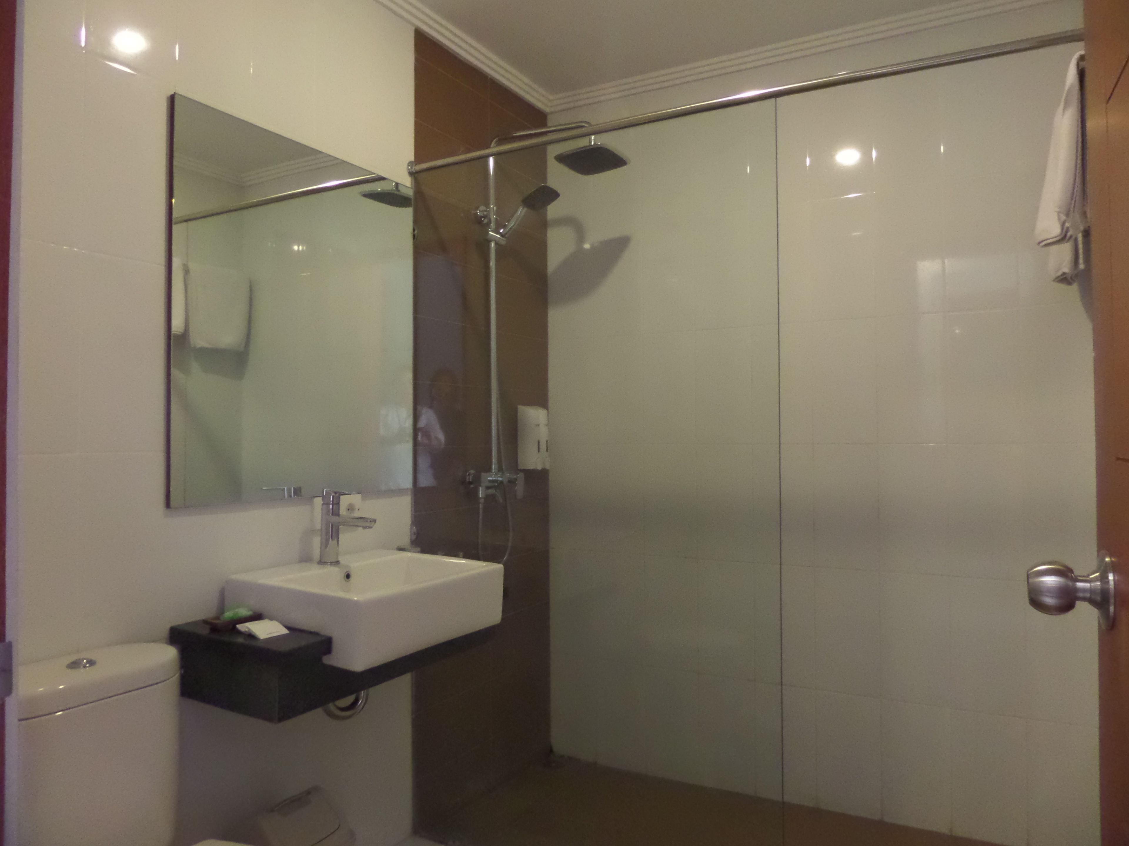 A modern bathroom with a glass shower enclosure, a white sink, and a mirror above it.