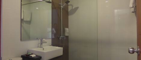 A modern bathroom with a glass shower enclosure, a white sink, and a mirror above it.