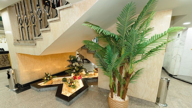 Un vestíbulo con una escalera, plantas en macetas y un centro de mesa decorativo.