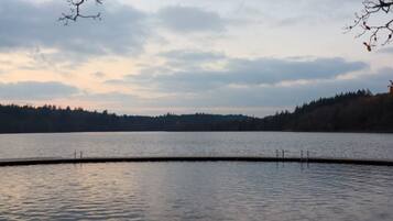 A calm lake with a forested shoreline and a clear sky.
