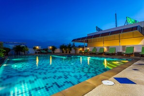 Outdoor pool, pool umbrellas, pool loungers