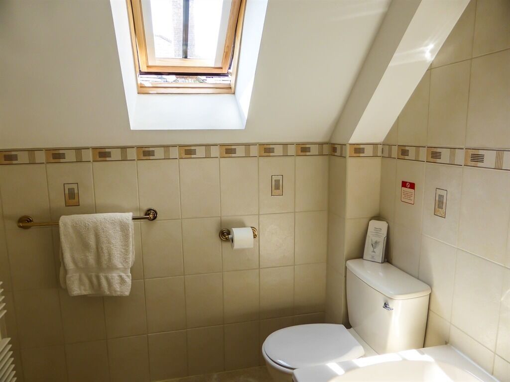 A bathroom with a skylight, a toilet, a towel rack, and a toilet paper holder.
