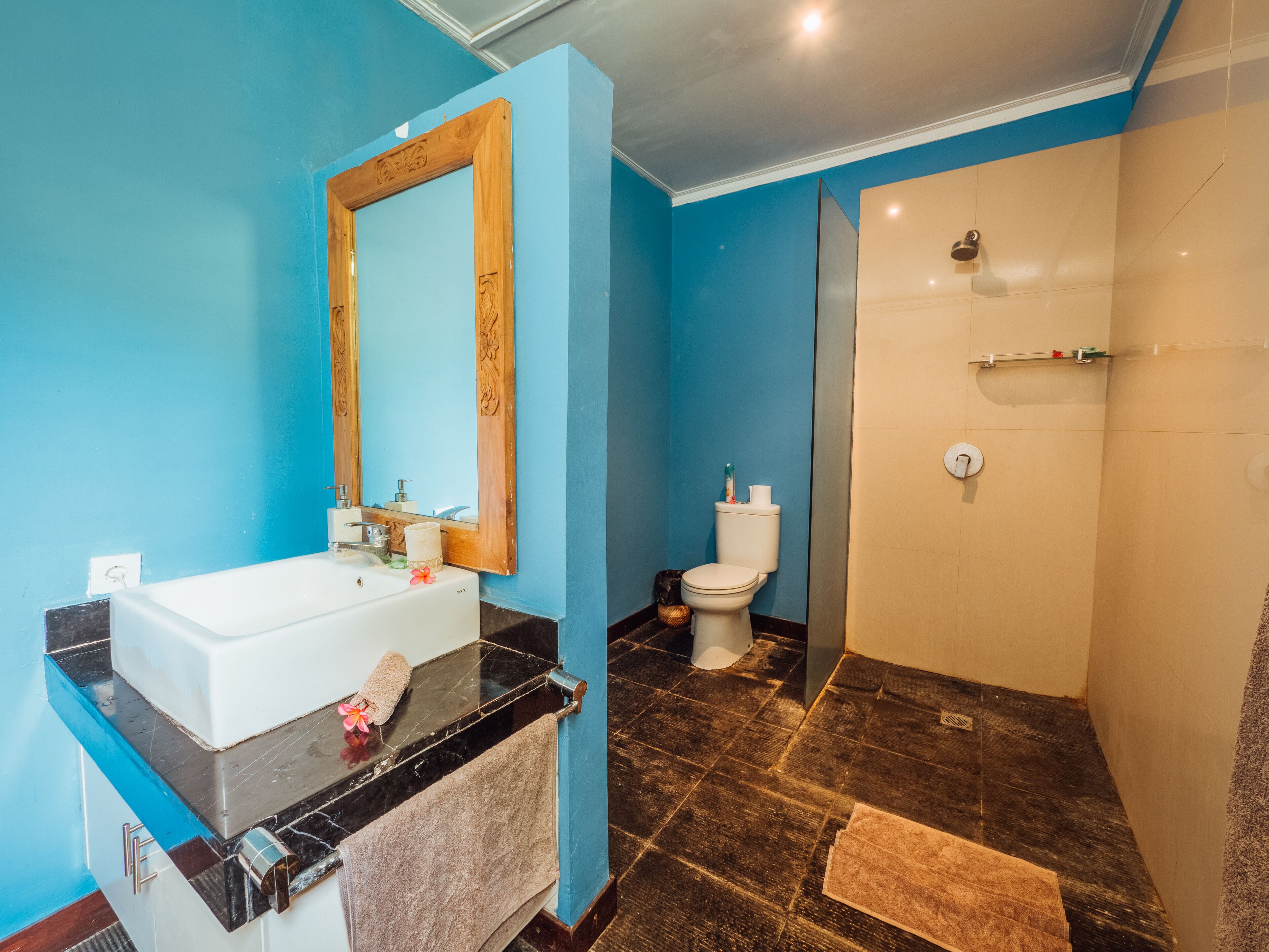 shower, free toiletries, hair dryer, towels