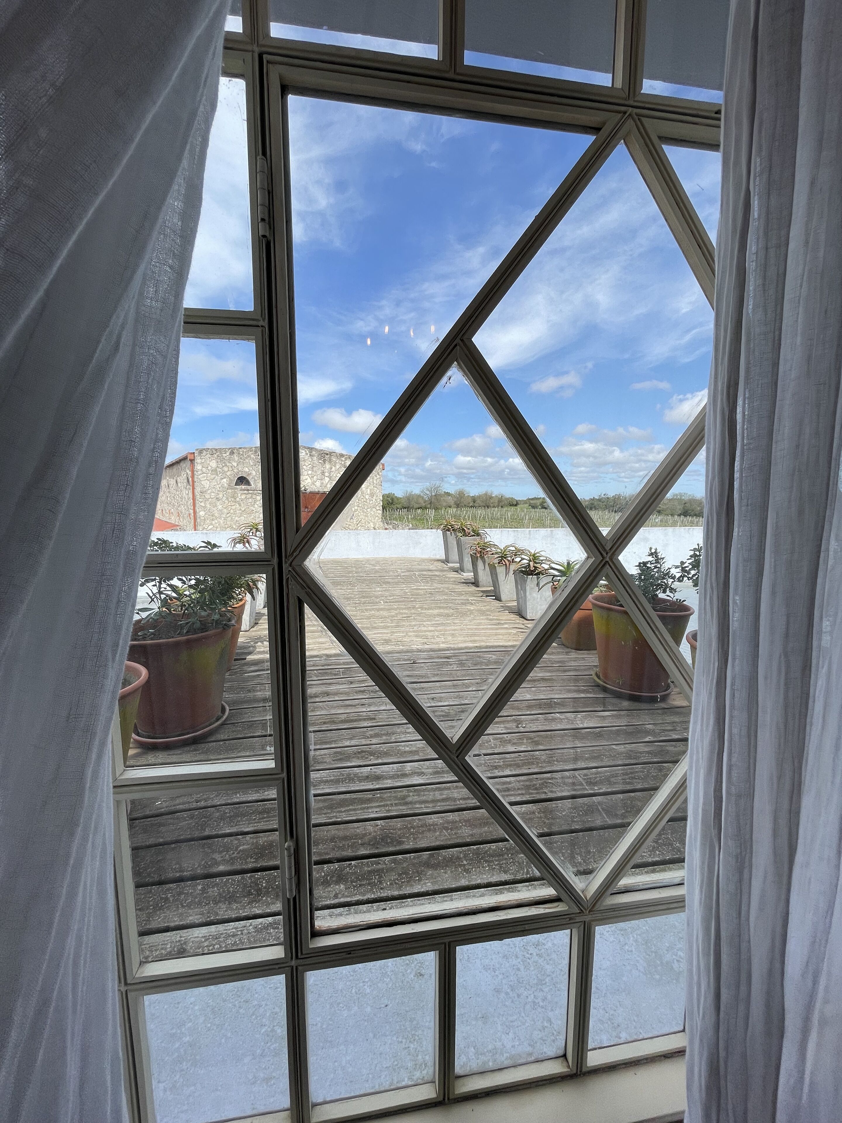 A view through a window with a diamond-patterned frame, overlooking a wooden deck with potted plants and a stone building in the background.