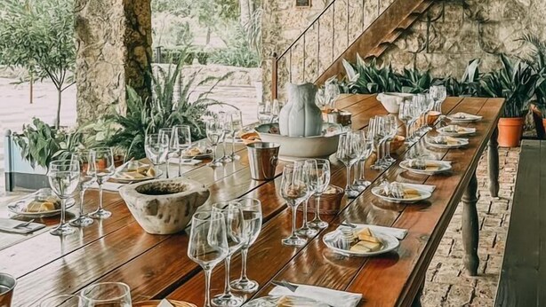 A long wooden dining table set for a meal, with wine glasses and plates, under a rustic stone ceiling with hanging vines. - Narbona Wine Lodge (Carmelo)