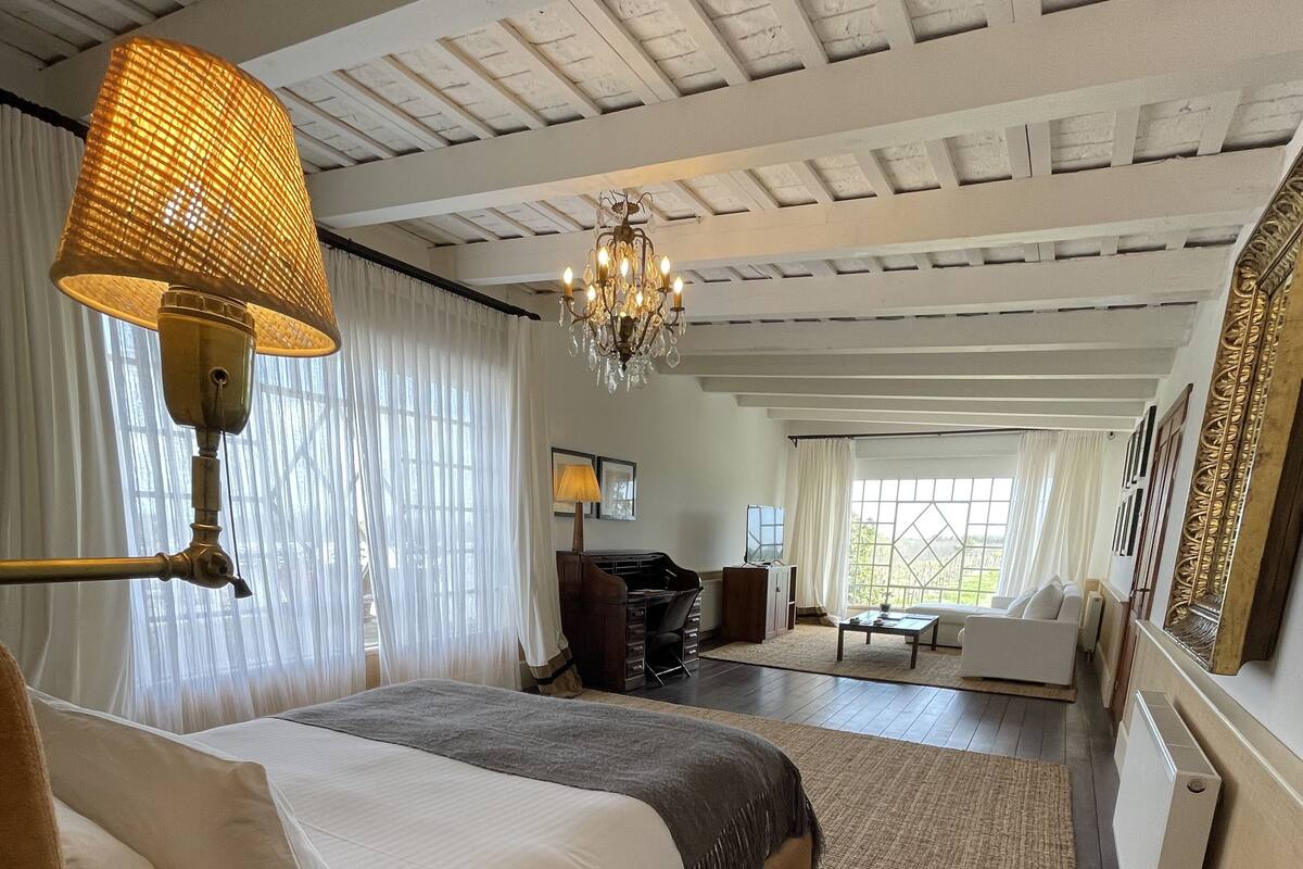 A spacious bedroom with a large bed, a desk, and a view of the outdoors.