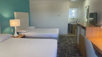 Desk, laptop workspace, free WiFi, bed sheets