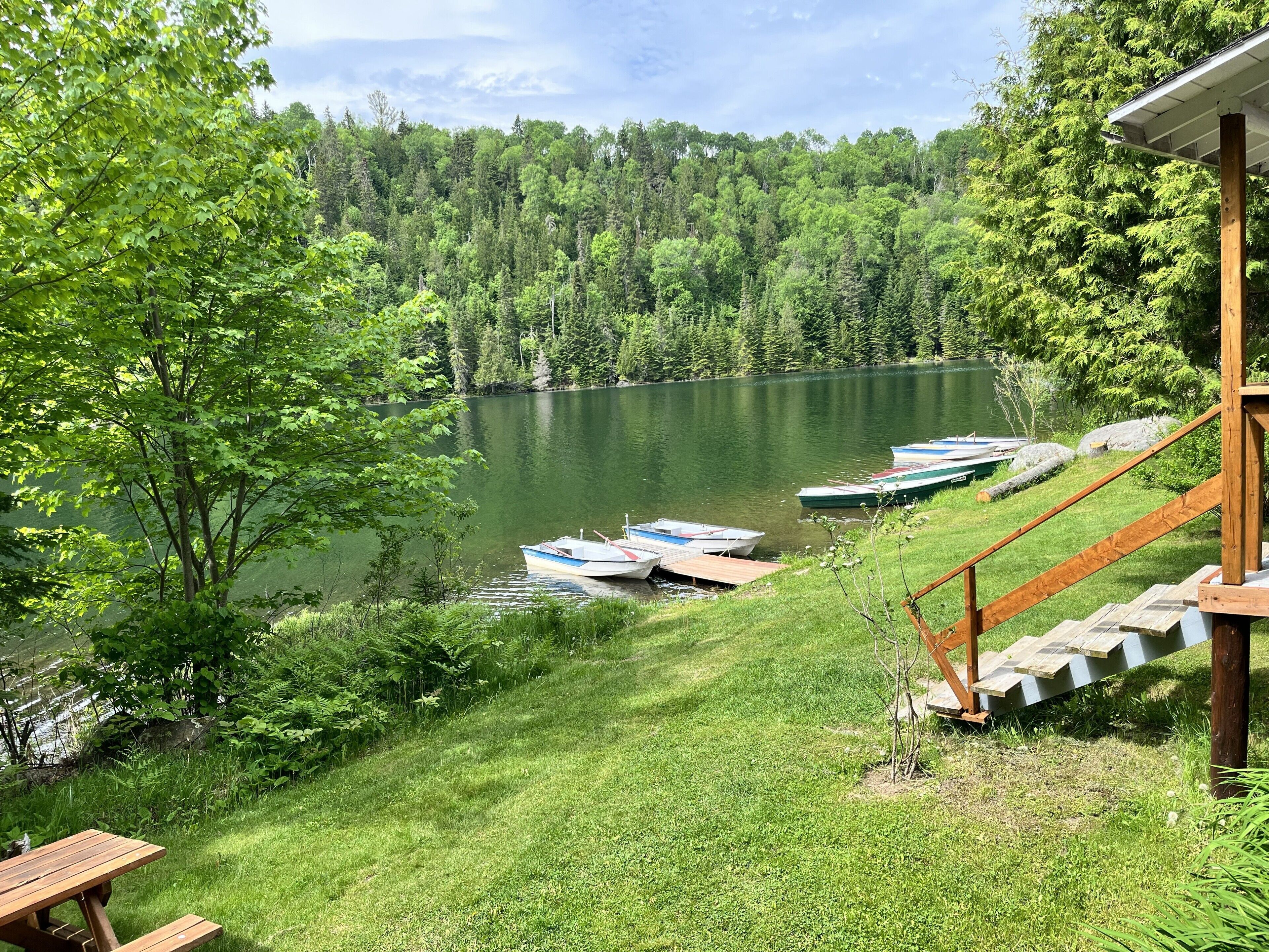 Une vue sur le lac, avec des bateaux amarrés, une table de pique-nique et un escalier en bois menant à une terrasse.