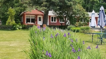 Uma cabana de madeira vermelha com porta e janelas brancas, rodeada por vegetação exuberante e flores roxas.