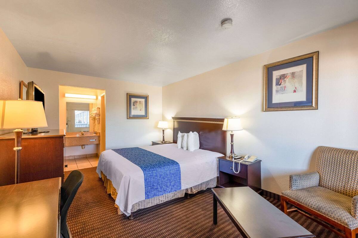 A hotel room with a bed, bedside tables, a desk, a chair, and a sofa.