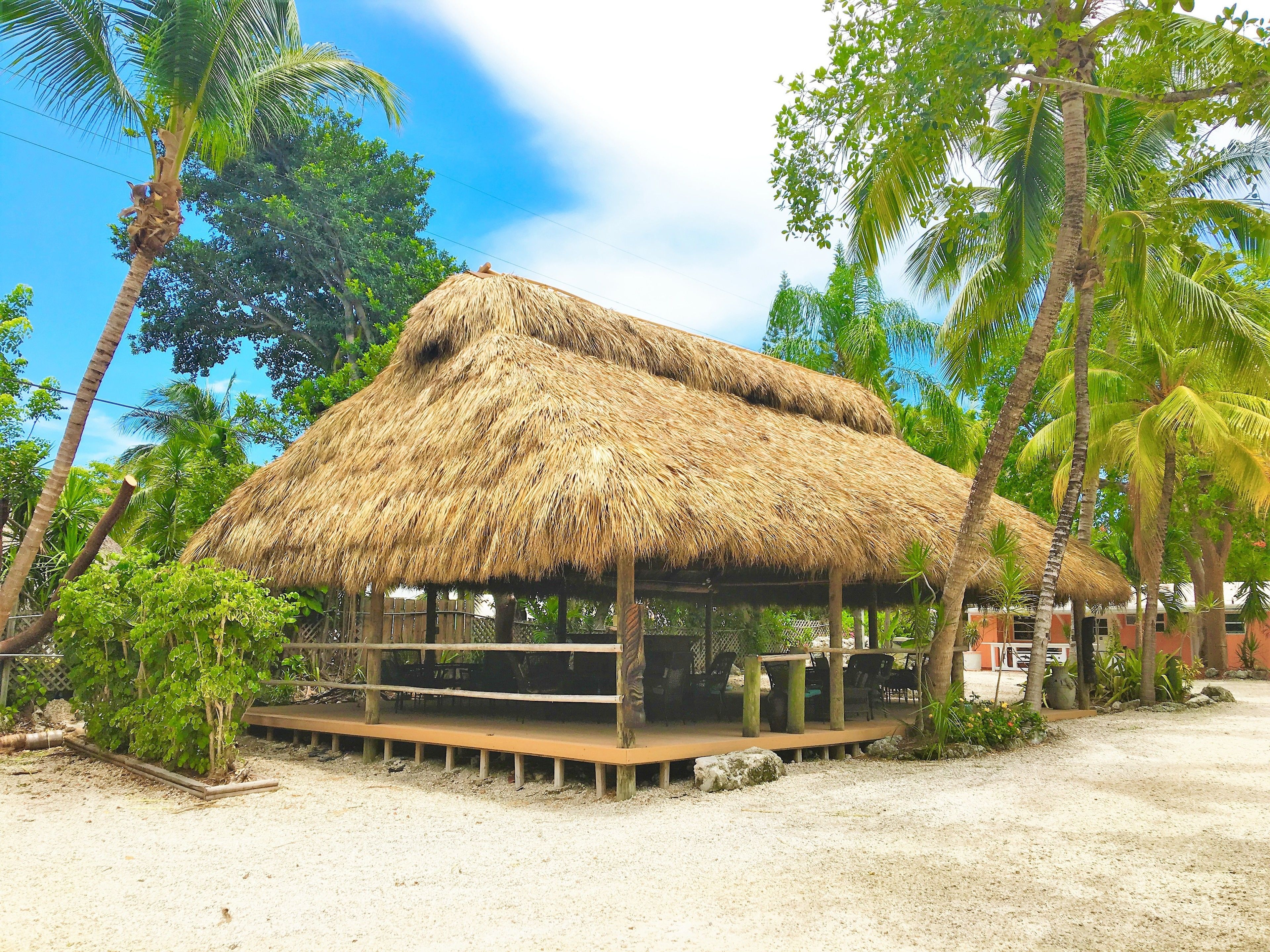 A thatched-roof structure with a wooden platform, surrounded by palm trees and greenery.