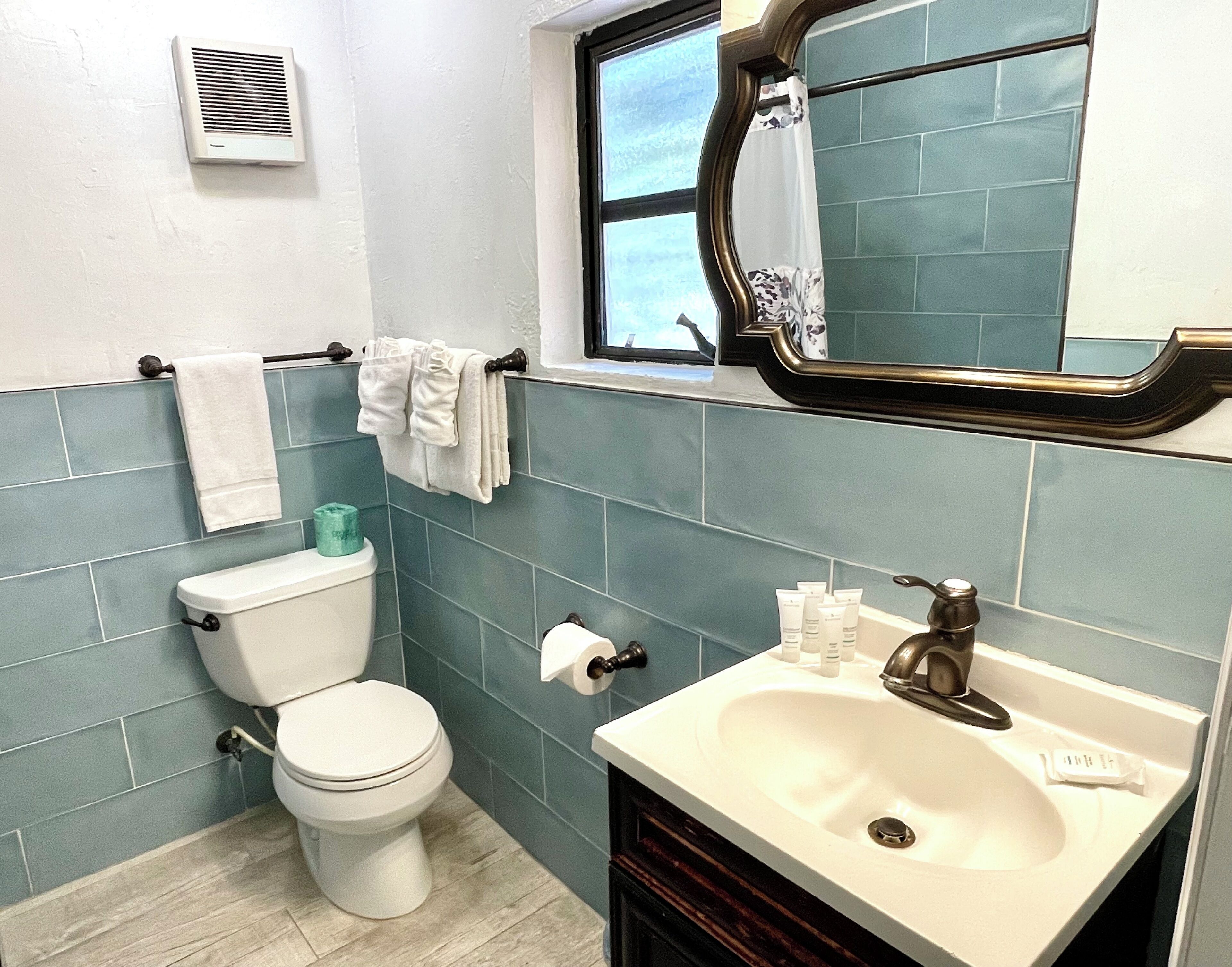 Une salle de bain avec des toilettes, un lavabo et un miroir au-dessus du lavabo.
