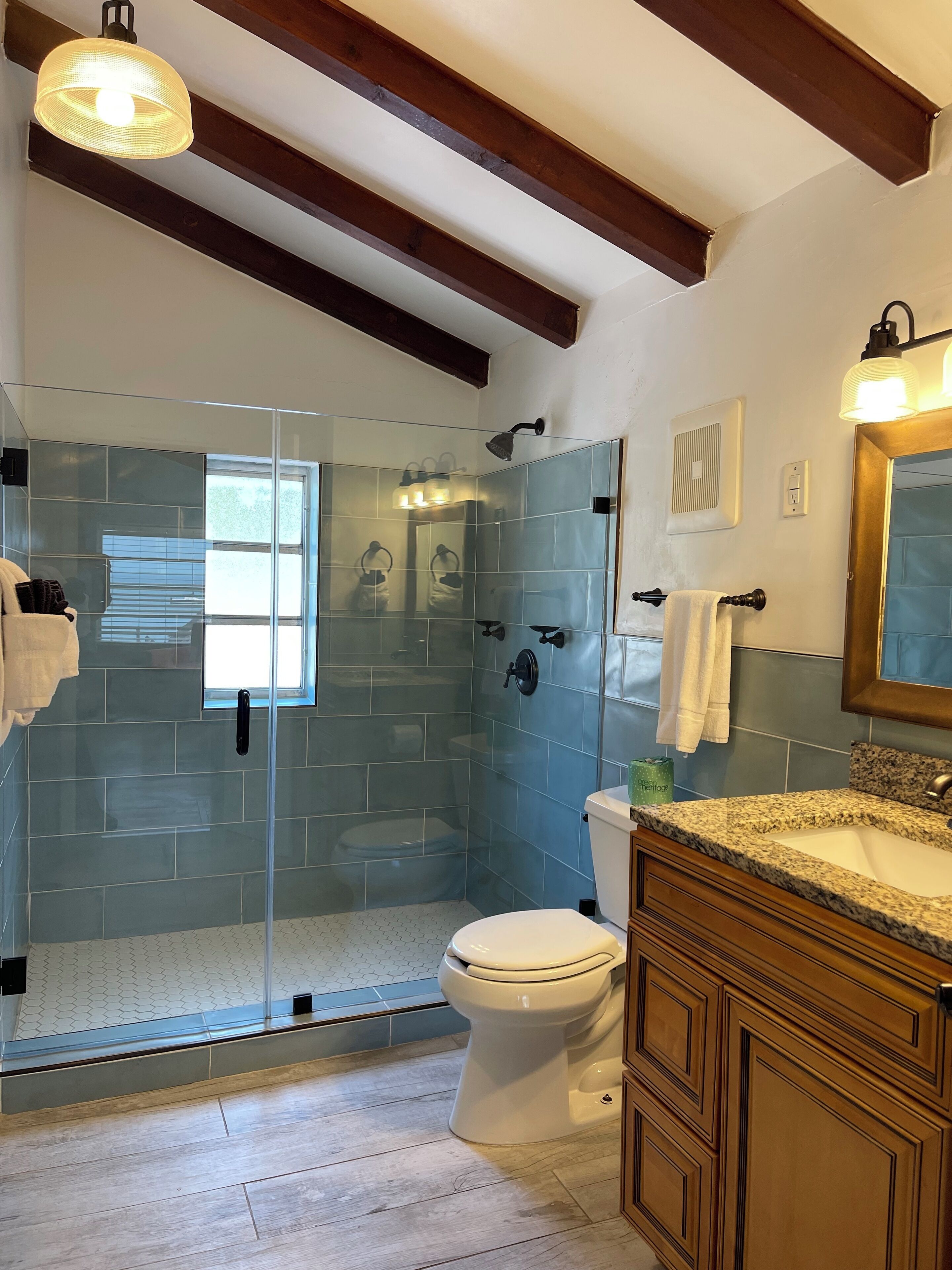 Uma casa de banho moderna com chuveiro envidraçado, sanita branca e lavatório com bancada de granito.