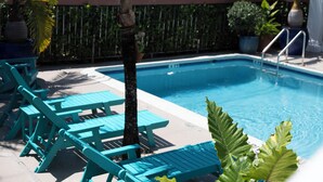 A swimming pool with blue chairs and a palm tree.