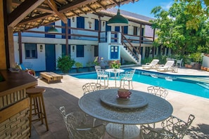 Outdoor pool, pool umbrellas, pool loungers