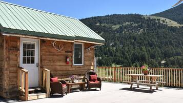 Une cabane en bois avec un toit en métal, une véranda meublée de meubles en osier, une table décorée de fleurs et une vue sur une montagne boisée.