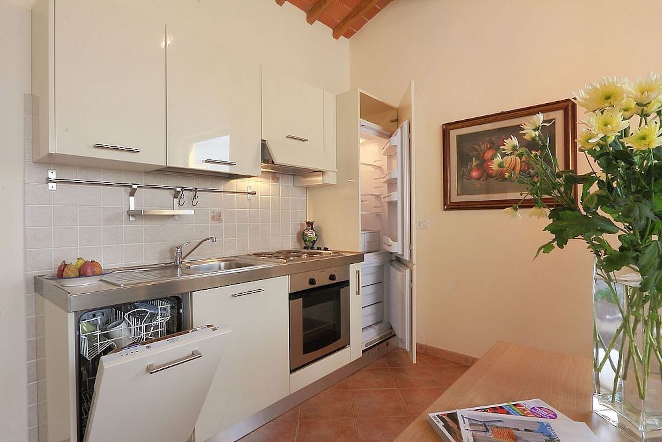 A compact kitchen with white cabinets, a built-in dishwasher, and a stove.