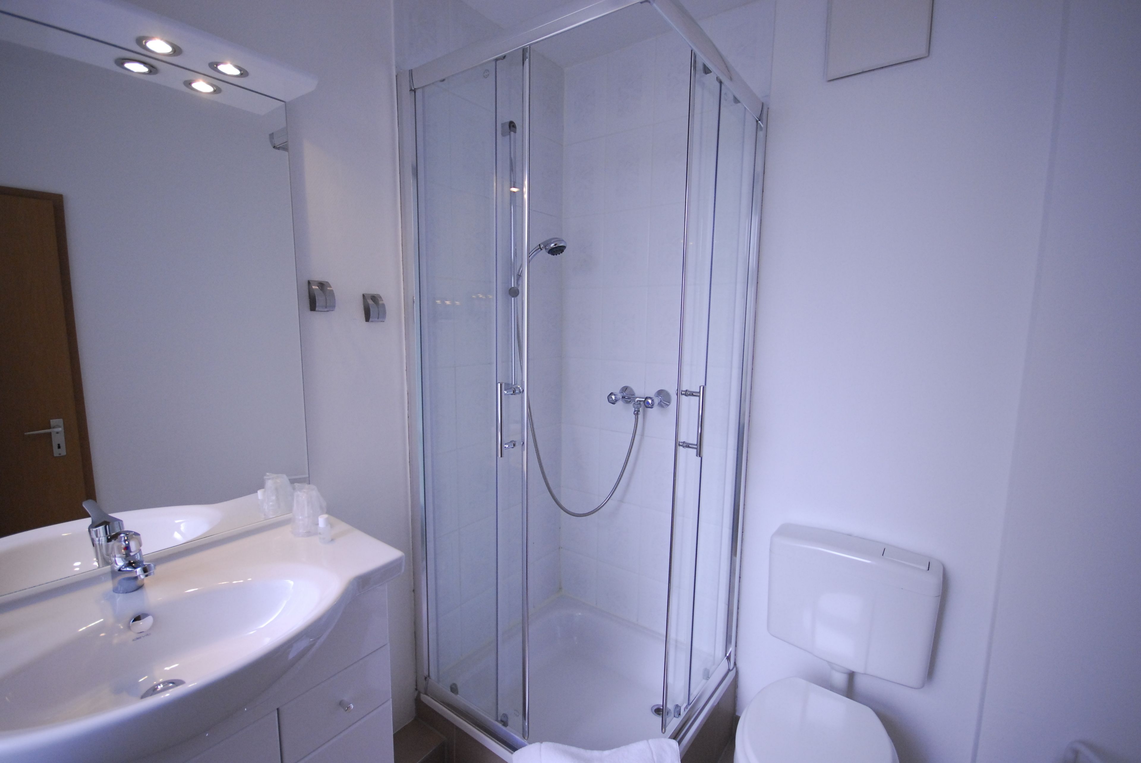 Une salle de bain avec une douche à parois de verre, un lavabo et des toilettes.