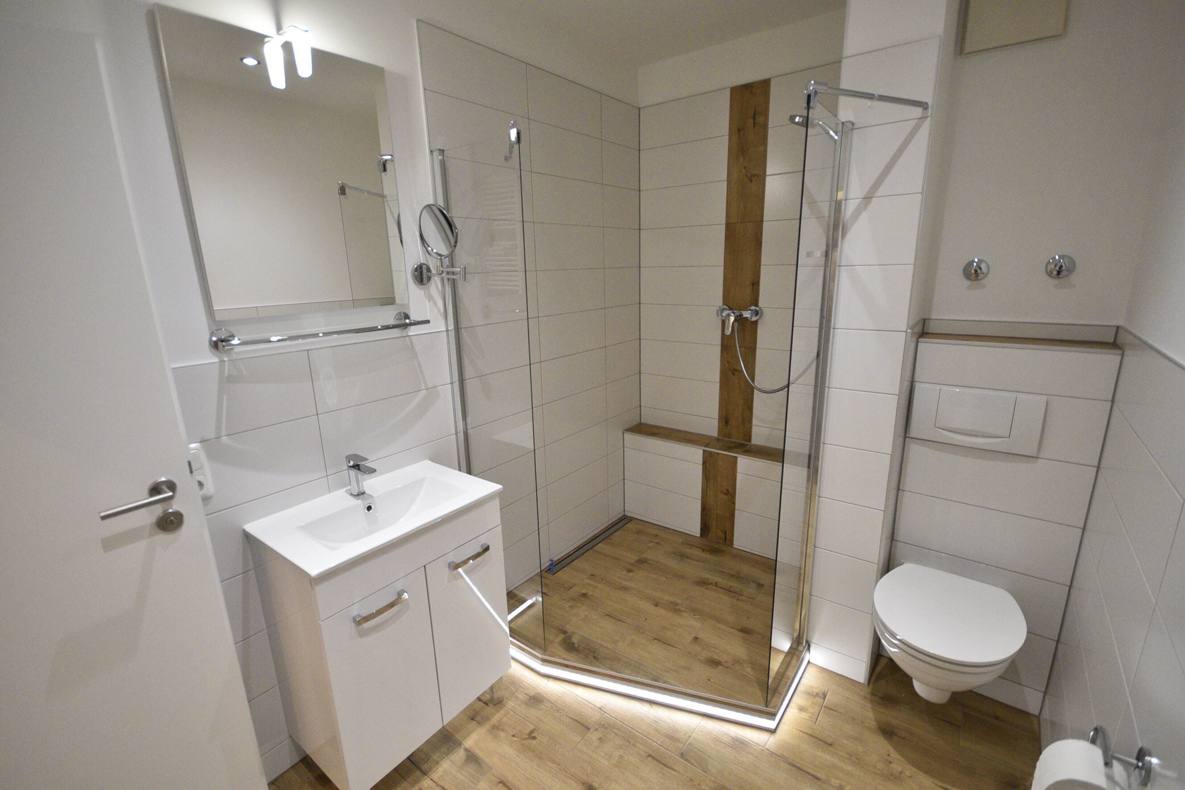 A modern bathroom with a glass shower enclosure, a white sink, and a toilet.