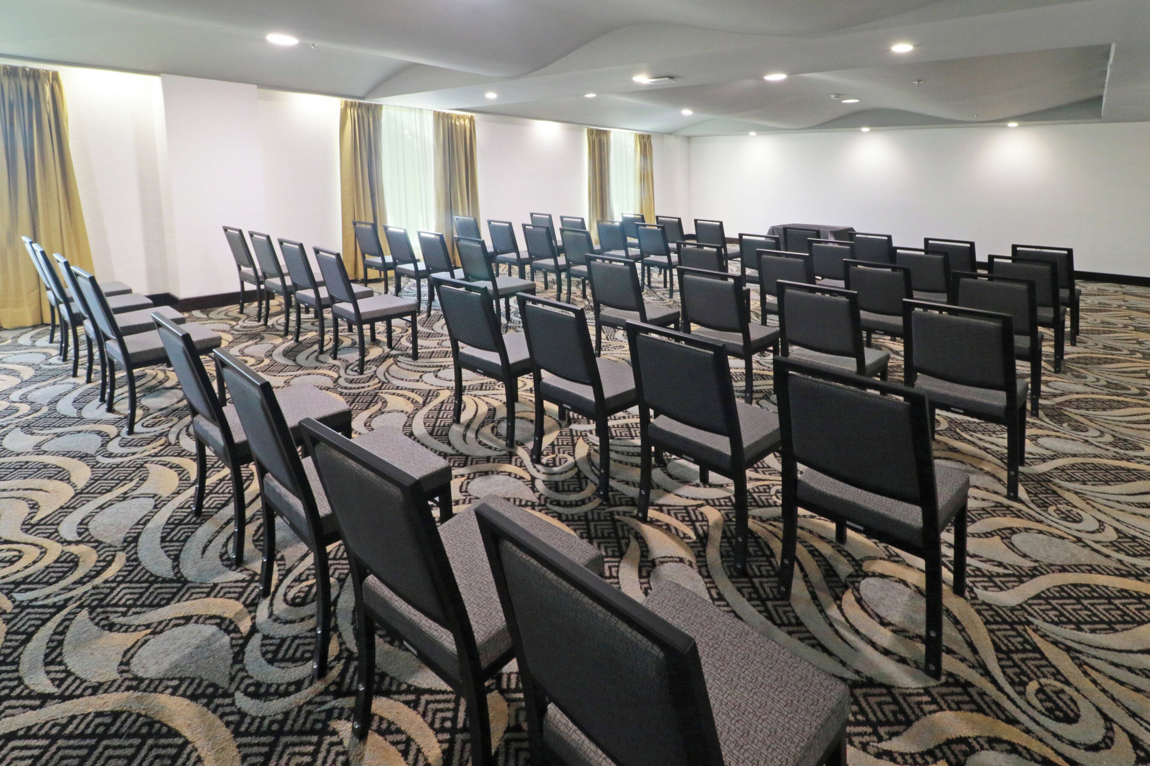 A conference room with rows of chairs and a patterned carpet.