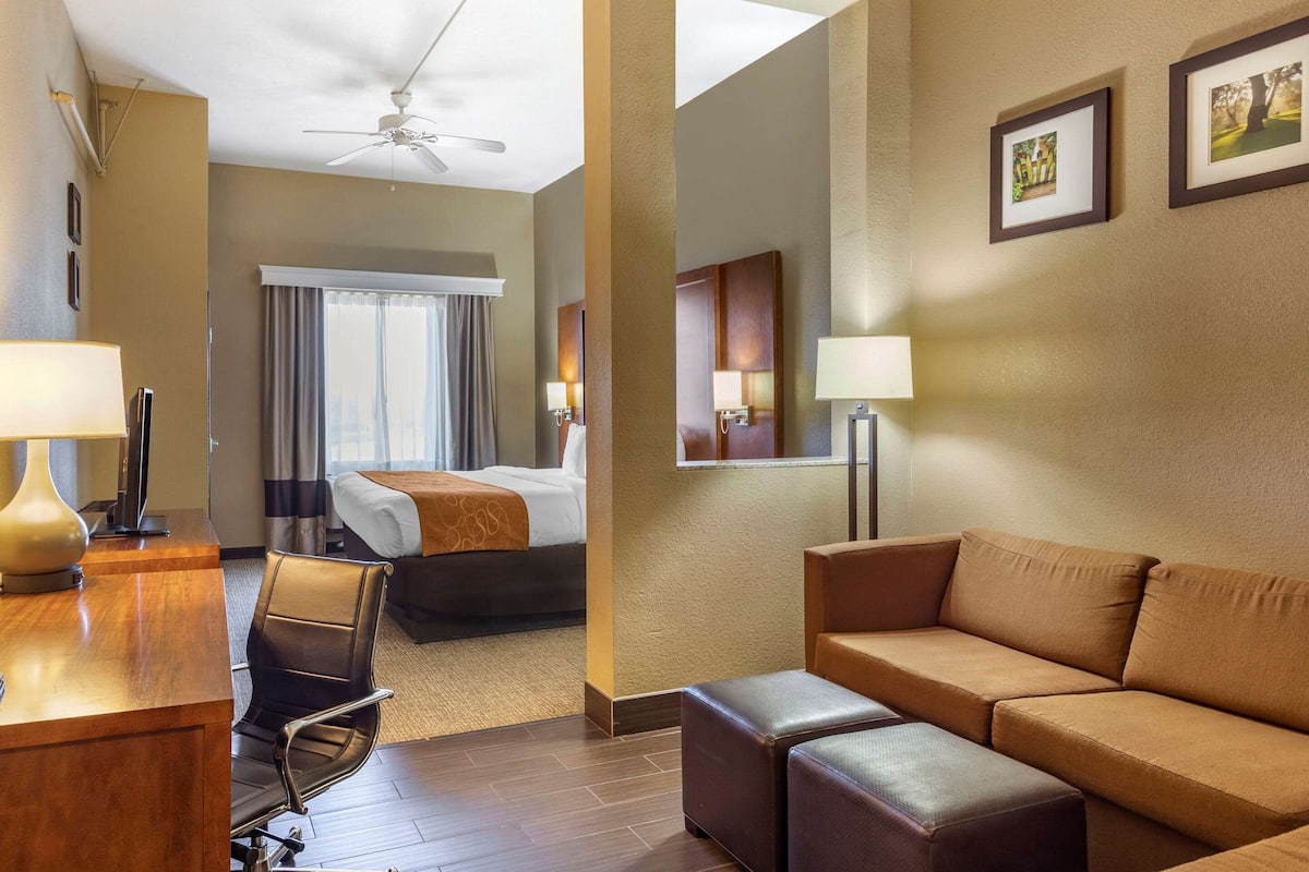 A hotel room with a bed, a desk with a lamp, a chair, a sofa, and a ceiling fan.