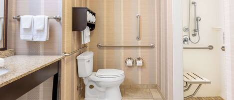 A bathroom with a toilet, a sink, a shower with grab bars, and a towel rack.